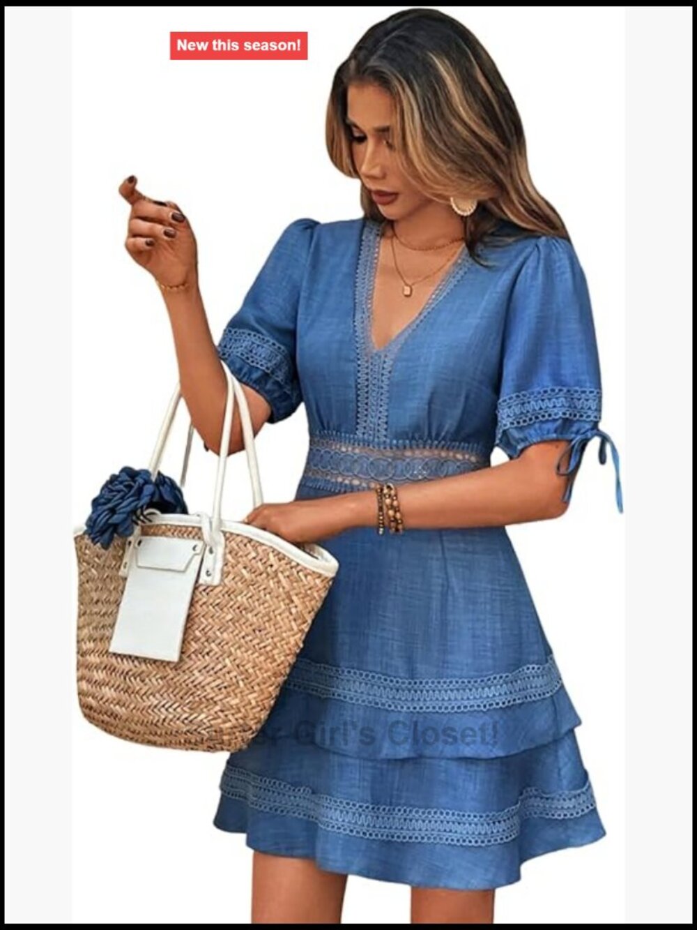 Lace Puff Sleeve V-Neck A-Line Tiered Dress, Casual Summer Midi Mini